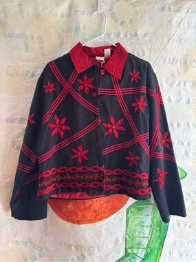 Vintage Bleu Bayou Women’s Black Jacket with Red Embroidered Floral Design